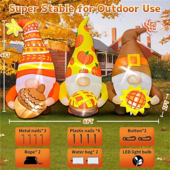 6FT Thanksgiving Inflatables Decorations Three Gnomes Blow Up with LED Lights - Picture 2 of 7